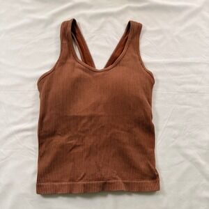 Aura Ribbed Seamless Tank Top Brown V-Neck Criss Cross Back Built-in Bra S/M